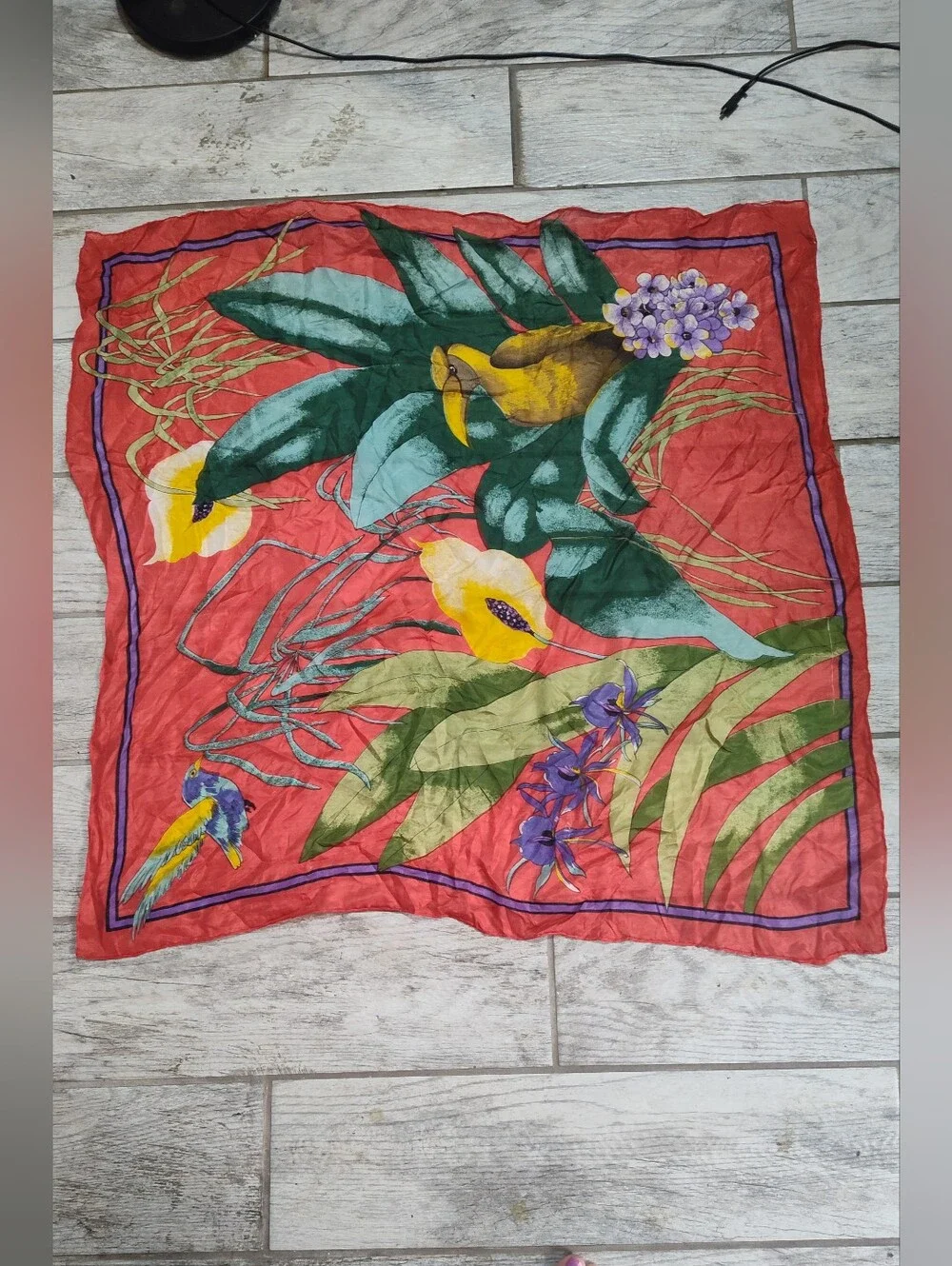 Vintage Source Unknown Coral Floral Tropical Silk Scarf 100% Silk